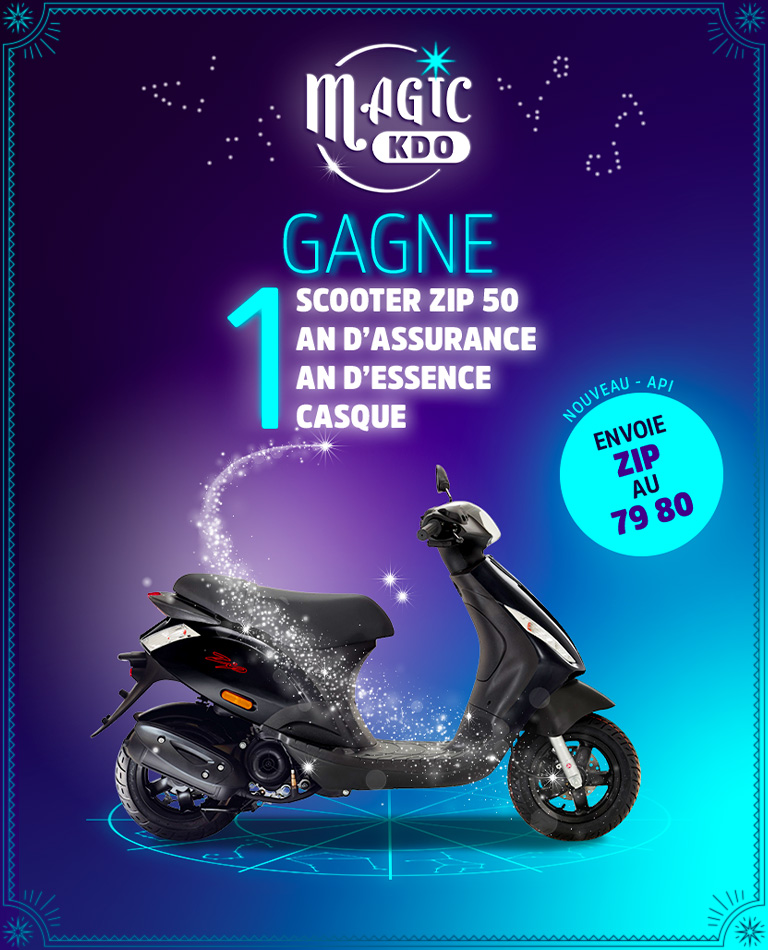 1 scooter ZIP 50cc<br>
1 an d'assurance<br>
1 an d'essence<br>
1 casque<br>