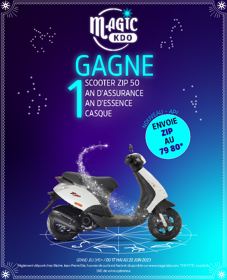 1 scooter ZIP50 de chez Tracqui<br>
1 an d’essence<br>
1 an d’assurance<br>